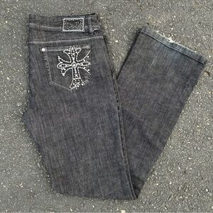 Grace in LA cross embroidered bling studded pocket bootcut black jeans 33x32